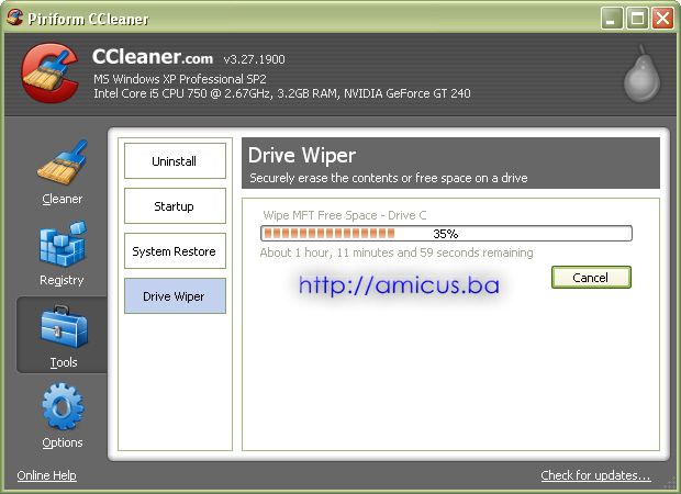 CCleaner wipe MFT free space